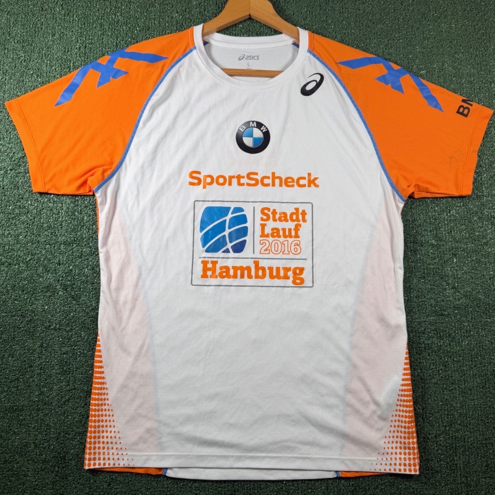Asics Shirt Men Large White Orange Good Stadtlauf 2016 Hamburg BMW Running Tee